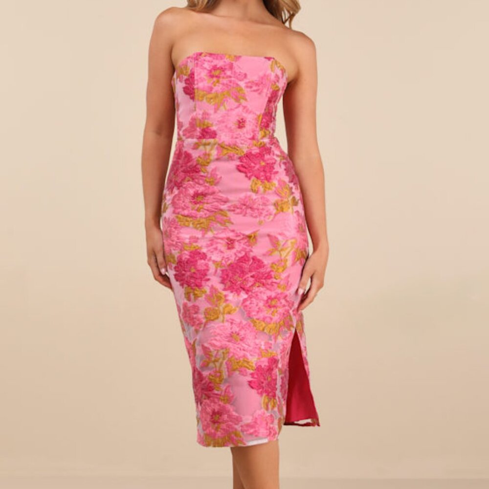 Lulus Upgraded Event Pink Jacquard Strapless Bustier Midi Dress - Size XS